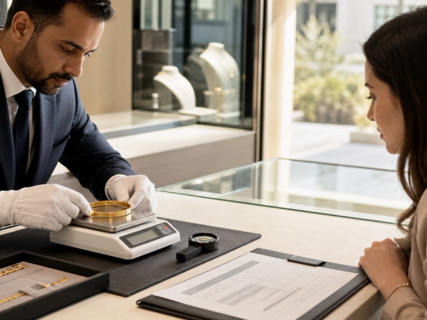Jeweller weighing a gold bracelet beside hallmark tools and an itemised purchase sheet