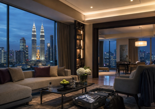 Residential-style luxury hotel suite overlooking the Kuala Lumpur skyline at dusk