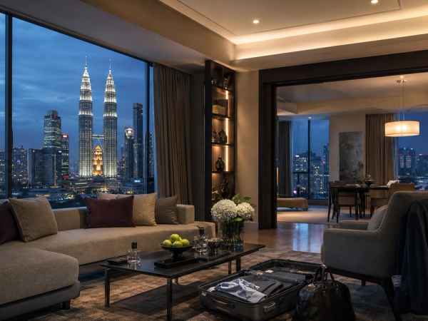 Residential-style luxury hotel suite overlooking the Kuala Lumpur skyline at dusk