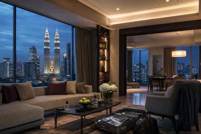 Residential-style luxury hotel suite overlooking the Kuala Lumpur skyline at dusk