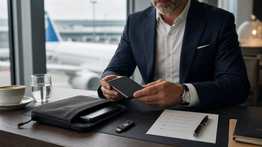 An executive preparing a minimal travel phone beside a sealed primary phone, hardware key and printed access checklist