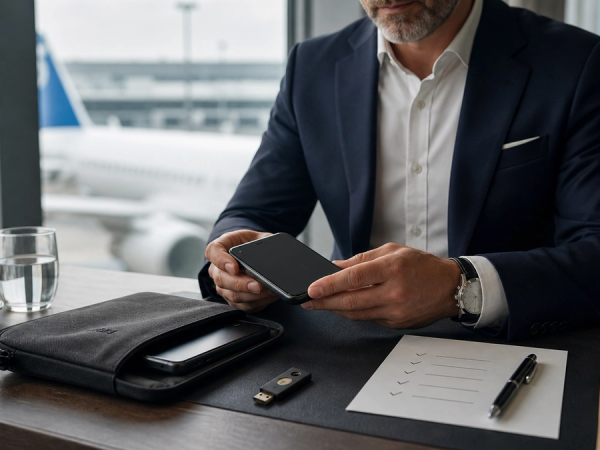 An executive preparing a minimal travel phone beside a sealed primary phone, hardware key and printed access checklist