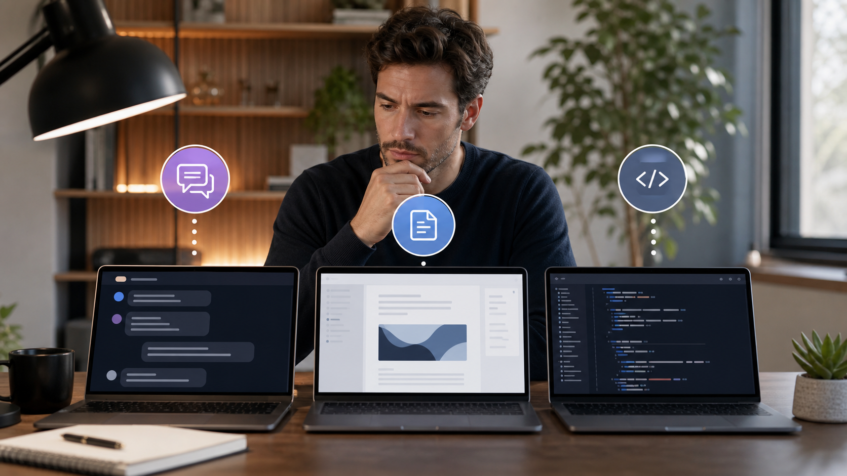 Professional choosing between conversation, project work and coding workflows in a desktop AI workspace