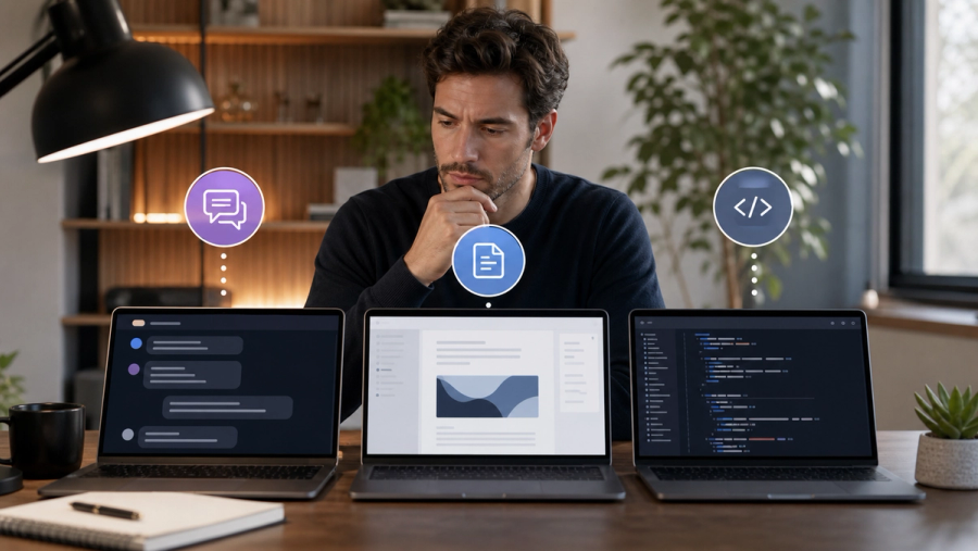 Professional choosing between conversation, project work and coding workflows in a desktop AI workspace