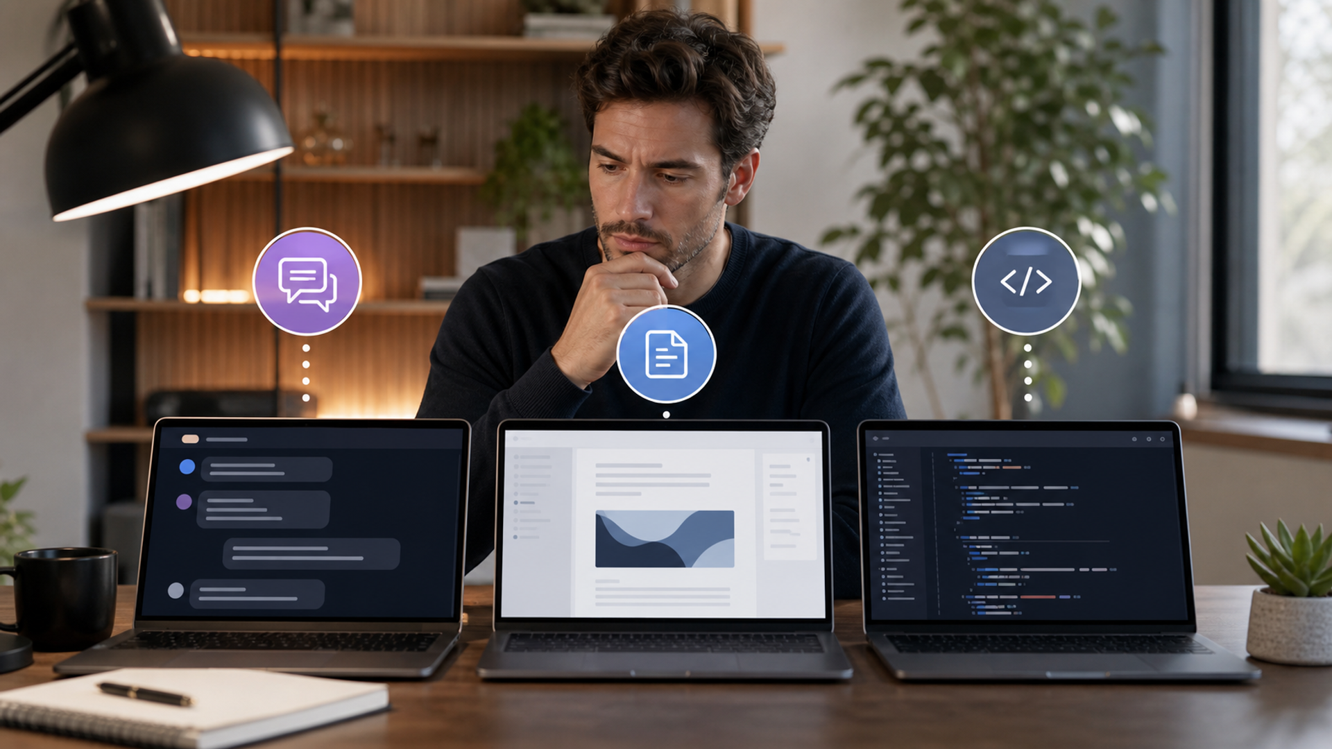 Professional choosing between conversation, project work and coding workflows in a desktop AI workspace