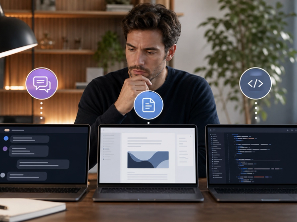 Professional choosing between conversation, project work and coding workflows in a desktop AI workspace