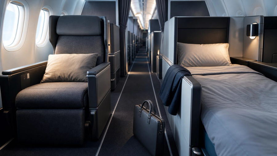 A premium-economy recliner and a business-class flat bed compared in a modern long-haul cabin