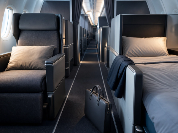 A premium-economy recliner and a business-class flat bed compared in a modern long-haul cabin