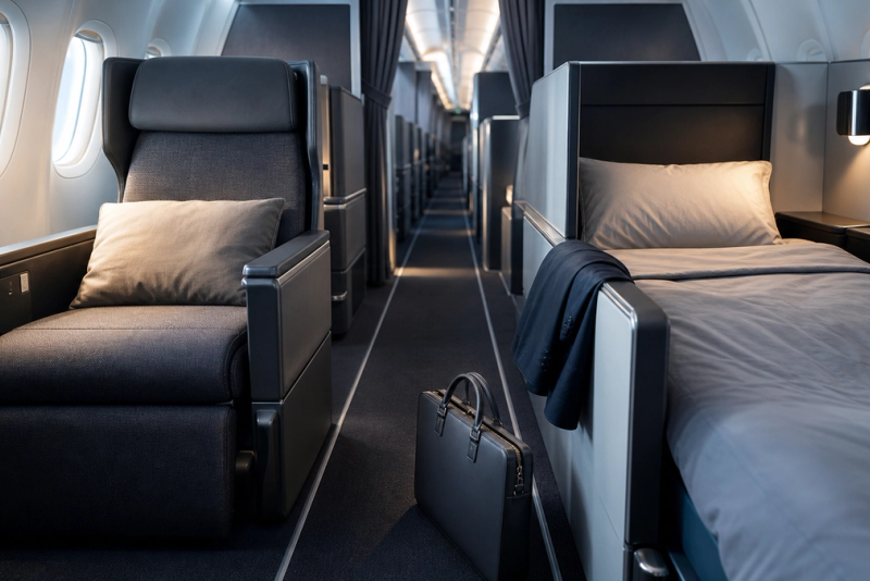 A premium-economy recliner and a business-class flat bed compared in a modern long-haul cabin