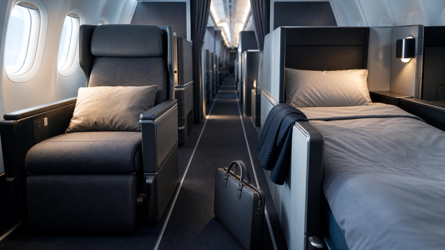 A premium-economy recliner and a business-class flat bed compared in a modern long-haul cabin