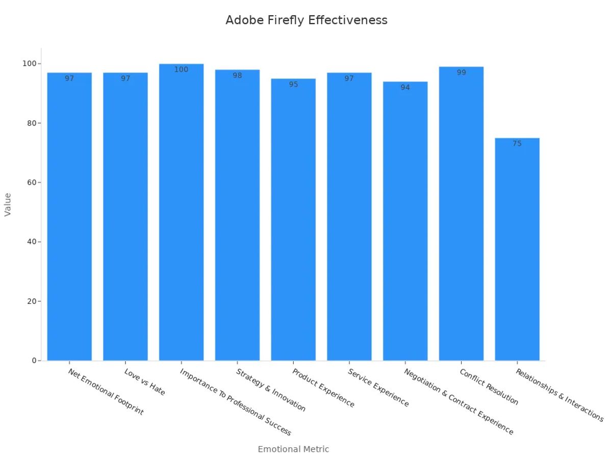 Bar chart showing Adobe Firefly effectiveness scores by emotional metric