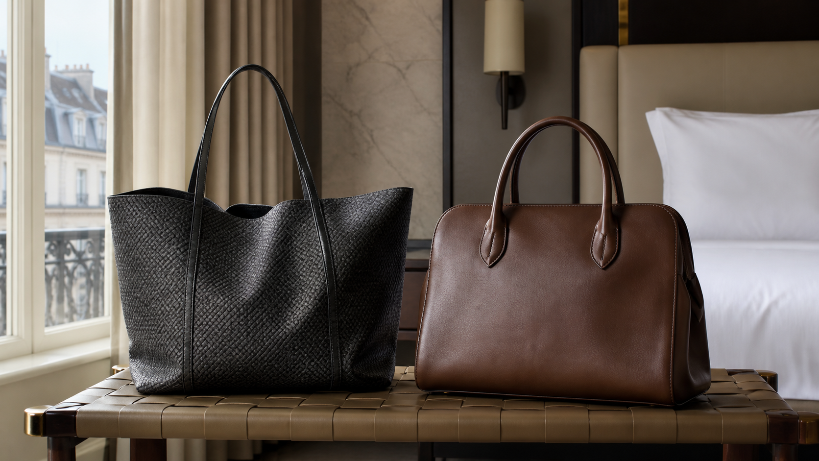 A lightweight coated-canvas tote and a structured leather handbag compared on a luggage bench