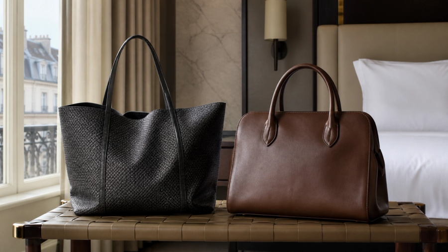 A lightweight coated-canvas tote and a structured leather handbag compared on a luggage bench