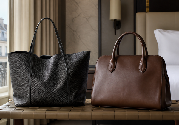 Eine leichte Tasche aus beschichtetem Canvas und eine strukturierte Lederhandtasche im Vergleich auf einer Gepäckbank