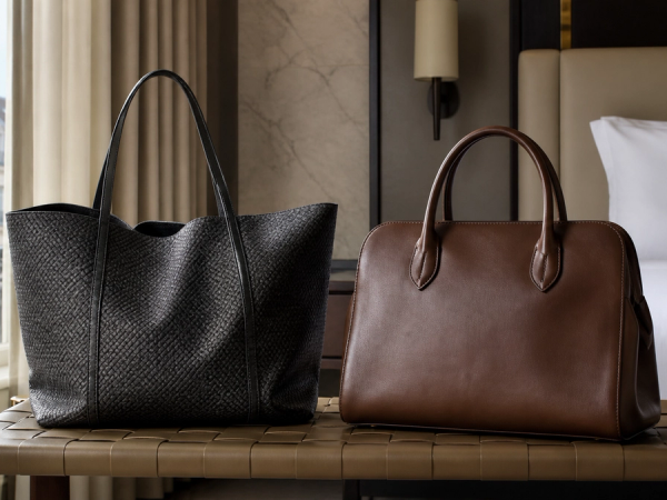 A lightweight coated-canvas tote and a structured leather handbag compared on a luggage bench