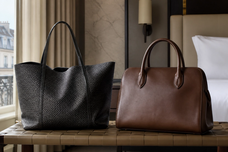 Eine leichte Tasche aus beschichtetem Canvas und eine strukturierte Lederhandtasche im Vergleich auf einer Gepäckbank