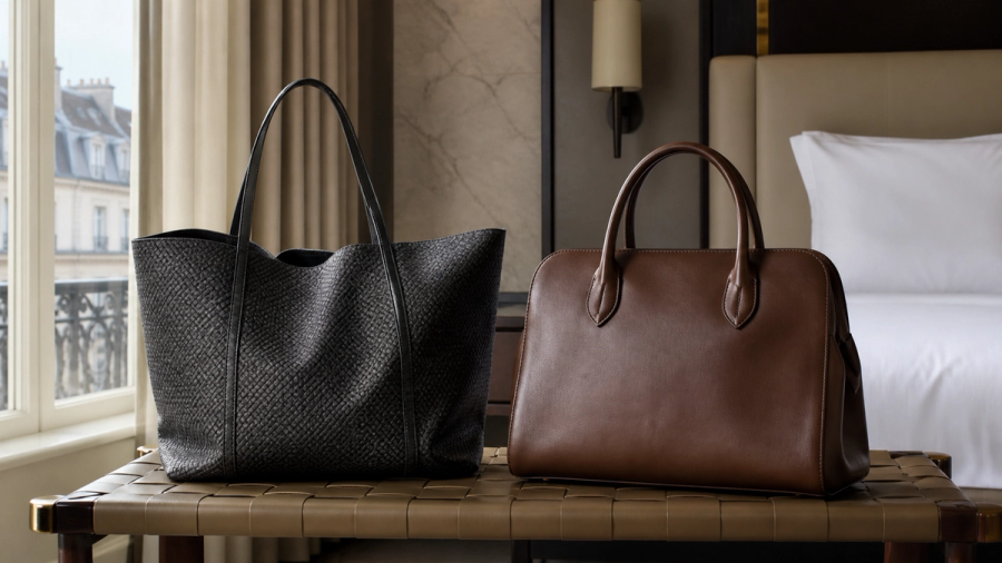 A lightweight coated-canvas tote and a structured leather handbag compared on a luggage bench