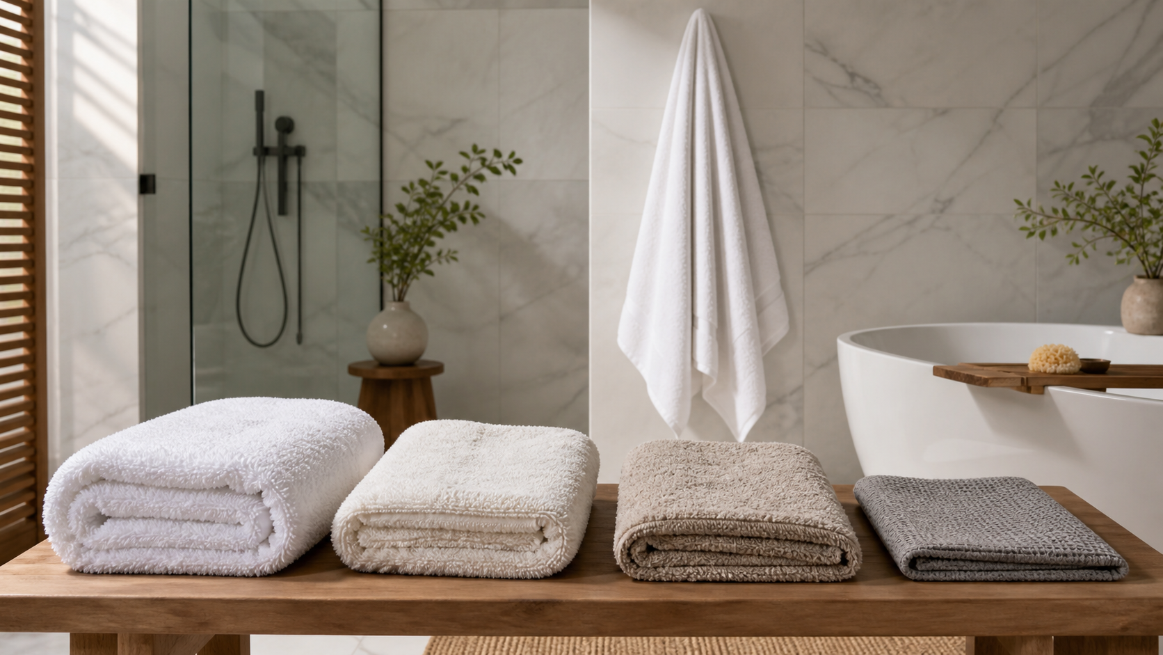 Bath towels with different weights and loop constructions in a bright bathroom