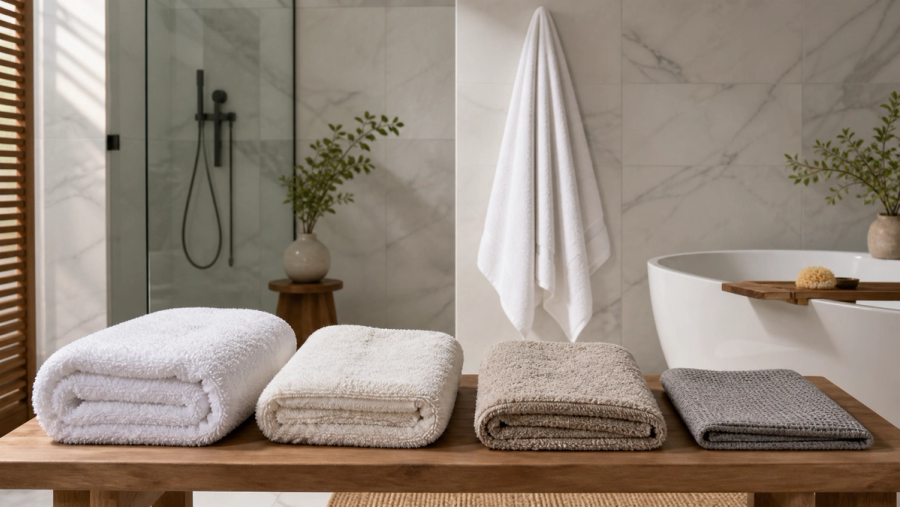 Bath towels with different weights and loop constructions in a bright bathroom