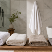 Bath towels with different weights and loop constructions in a bright bathroom