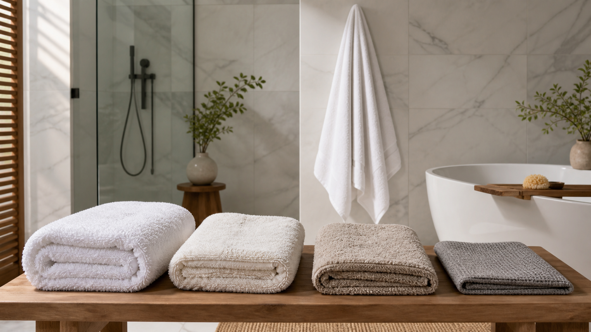 Bath towels with different weights and loop constructions in a bright bathroom