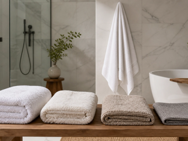 Bath towels with different weights and loop constructions in a bright bathroom