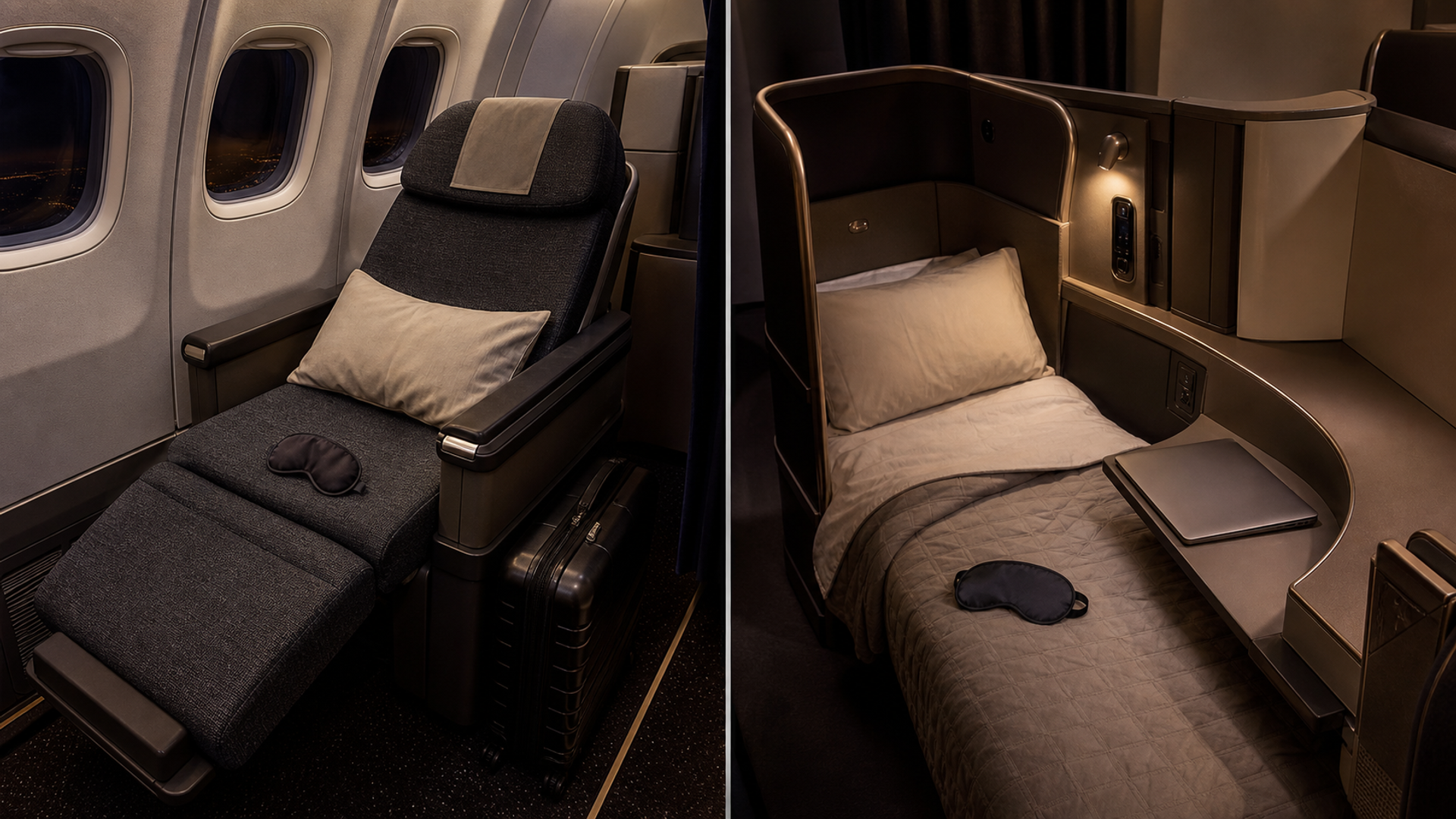Premium-economy recliner and lie-flat business suite compared for a United long-haul journey