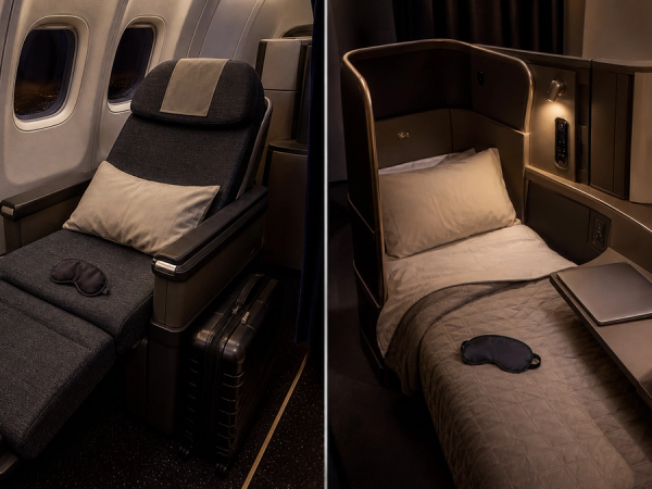 Premium-economy recliner and lie-flat business suite compared for a United long-haul journey