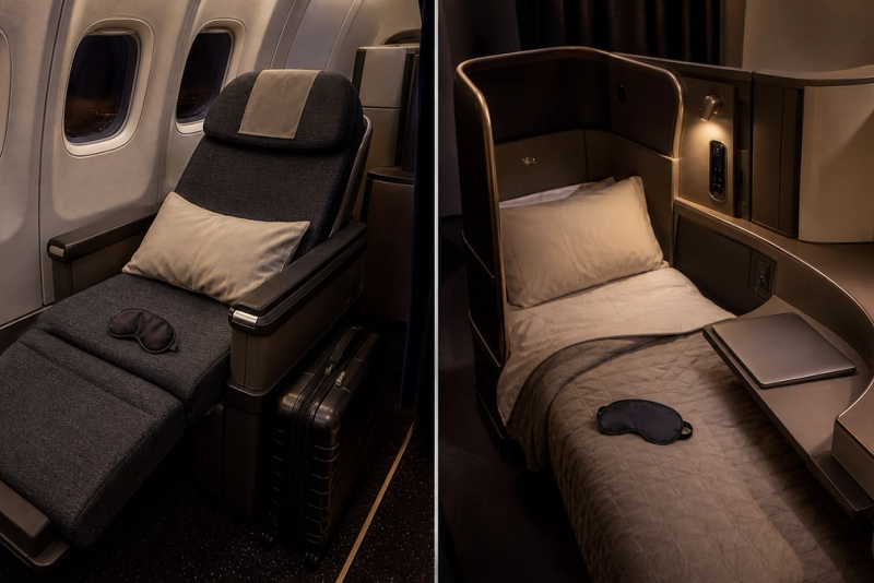 Premium-economy recliner and lie-flat business suite compared for a United long-haul journey