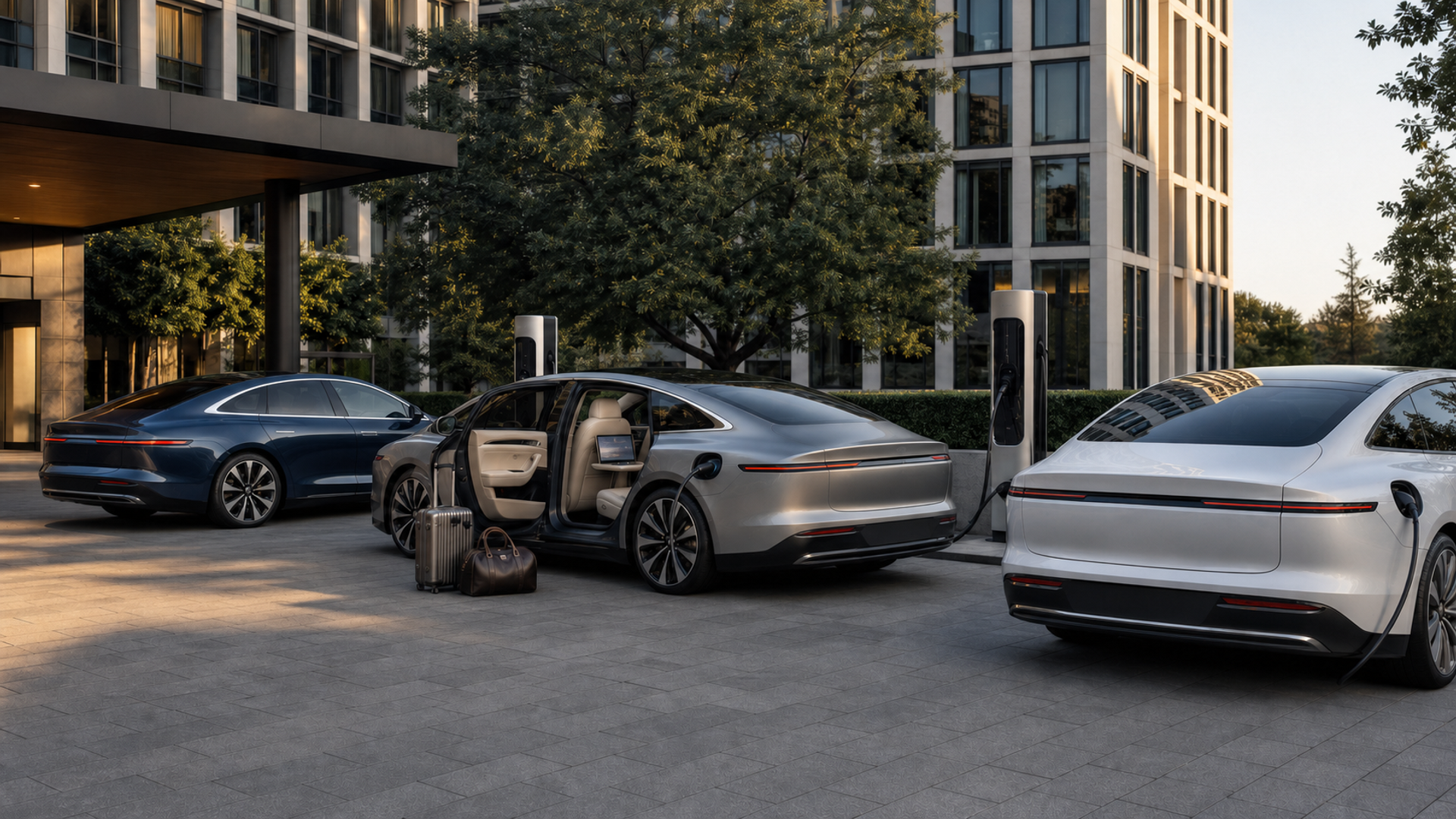 Three unbranded luxury electric sedans at a hotel charging court with luggage