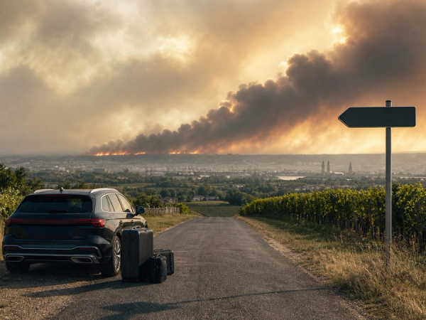 Traveller luggage beside a stopped car on a Bordeaux vineyard road with wildfire smoke in the distance