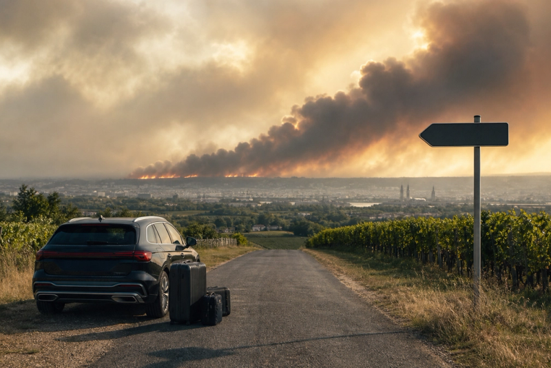 Traveller luggage beside a stopped car on a Bordeaux vineyard road with wildfire smoke in the distance