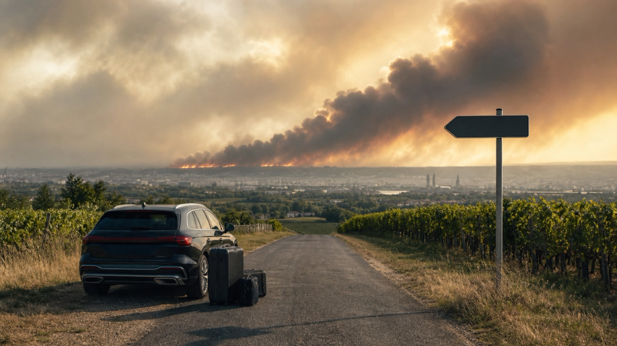 Traveller luggage beside a stopped car on a Bordeaux vineyard road with wildfire smoke in the distance