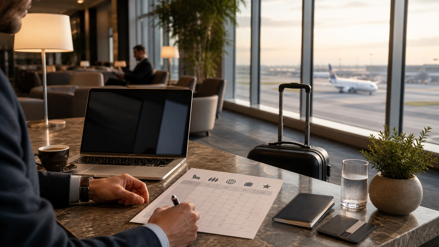 Premium airport lounge work area for evaluating travel-card access