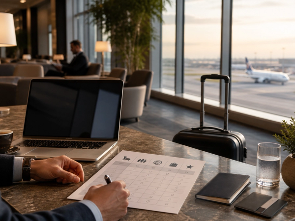 Premium airport lounge work area for evaluating travel-card access
