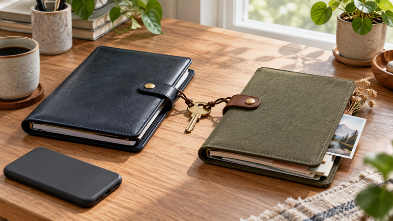AI editorial illustration of separate work and personal document folios beside an unbranded phone.