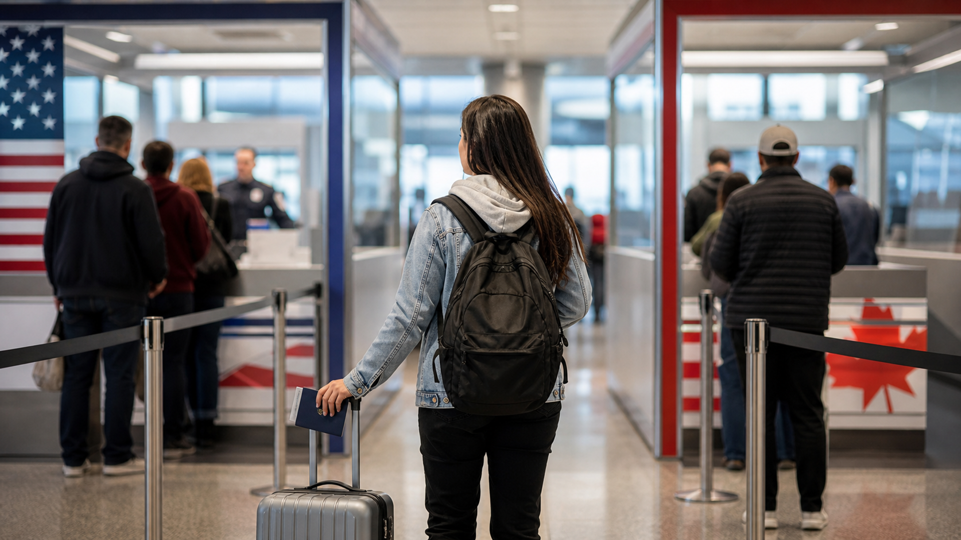 editorial photograph of a US-Canada airport decision moment: two clearly different but unbranded trusted-traveller lanes