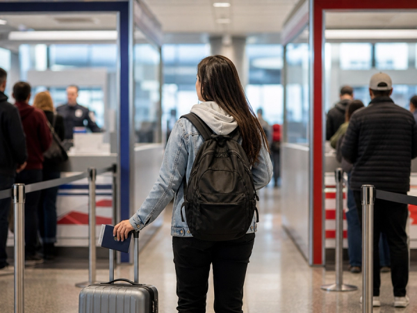 editorial photograph of a US-Canada airport decision moment: two clearly different but unbranded trusted-traveller lanes