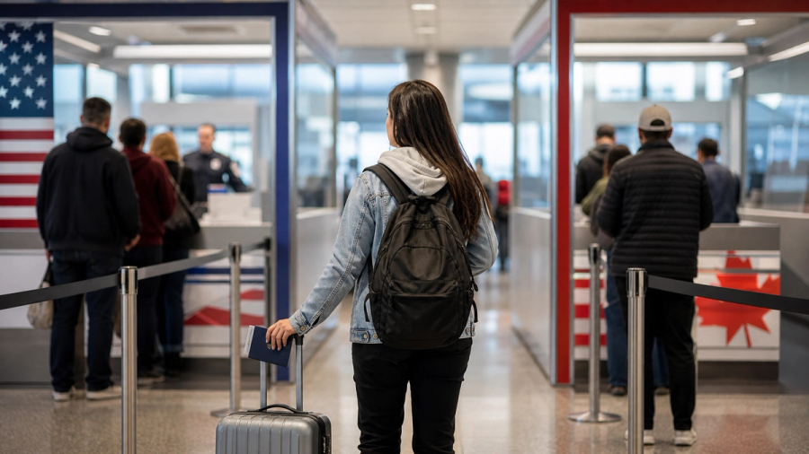 editorial photograph of a US-Canada airport decision moment: two clearly different but unbranded trusted-traveller lanes