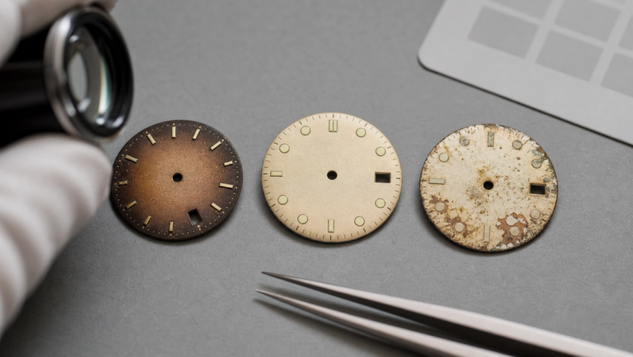 Three unbranded vintage watch dials under a loupe, showing even brown ageing, aged luminous plots and localised moisture damage.