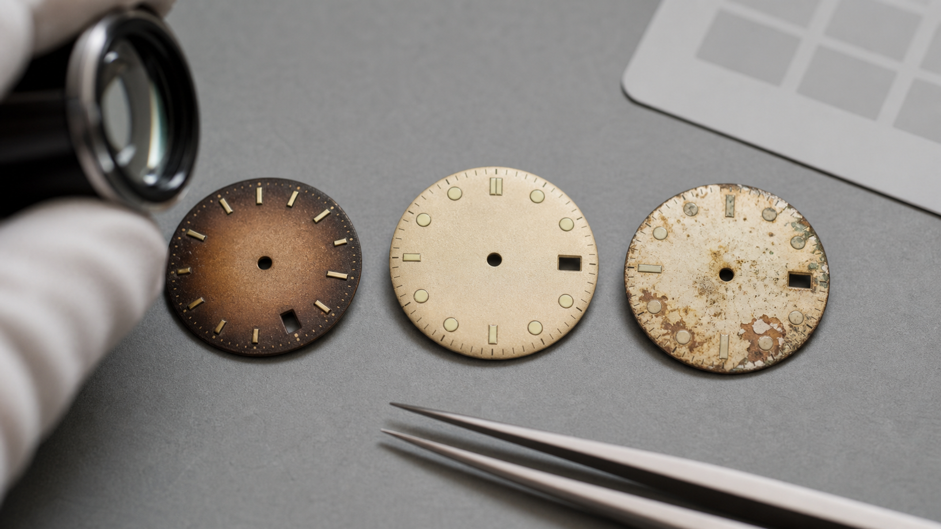 Three unbranded vintage watch dials under a loupe, showing even brown ageing, aged luminous plots and localised moisture damage.
