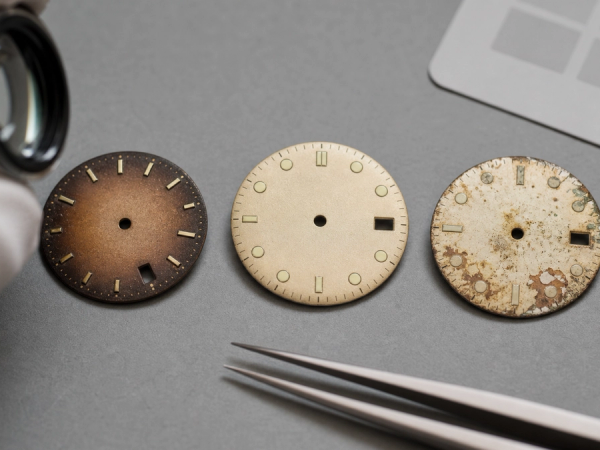 Three unbranded vintage watch dials under a loupe, showing even brown ageing, aged luminous plots and localised moisture damage.