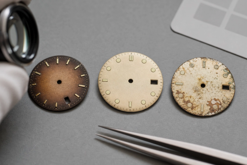 Three unbranded vintage watch dials under a loupe, showing even brown ageing, aged luminous plots and localised moisture damage.
