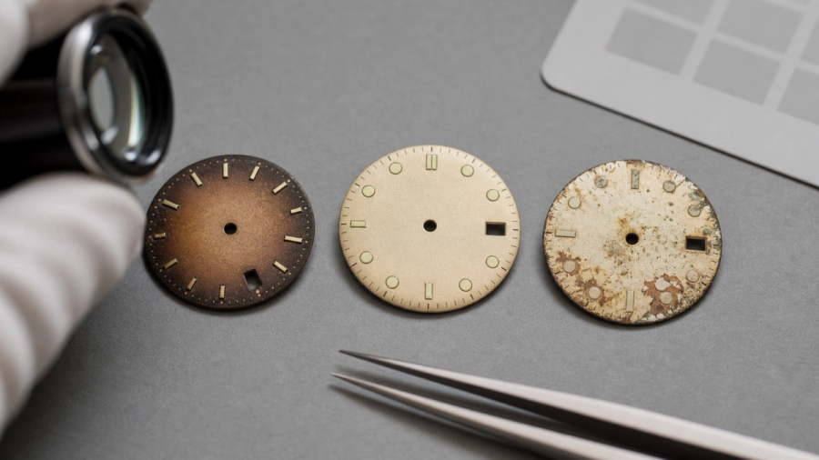 Three unbranded vintage watch dials under a loupe, showing even brown ageing, aged luminous plots and localised moisture damage.
