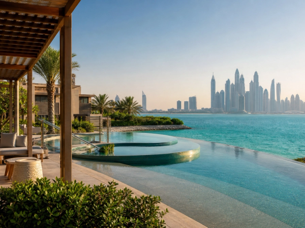 Contemporary Dubai resort terrace overlooking the Gulf and skyline