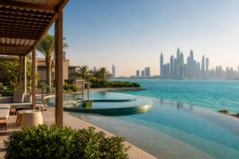 Contemporary Dubai resort terrace overlooking the Gulf and skyline