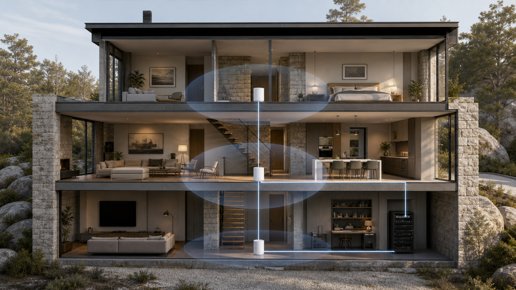 Mesh Wi-Fi nodes and wired backhaul across a multi-storey home