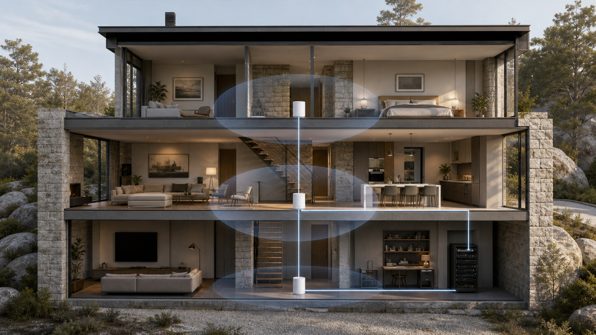 Mesh Wi-Fi nodes and wired backhaul across a multi-storey home
