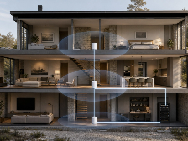 Mesh Wi-Fi nodes and wired backhaul across a multi-storey home
