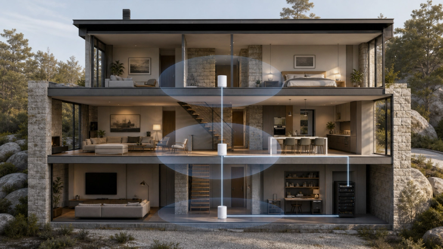 Mesh Wi-Fi nodes and wired backhaul across a multi-storey home